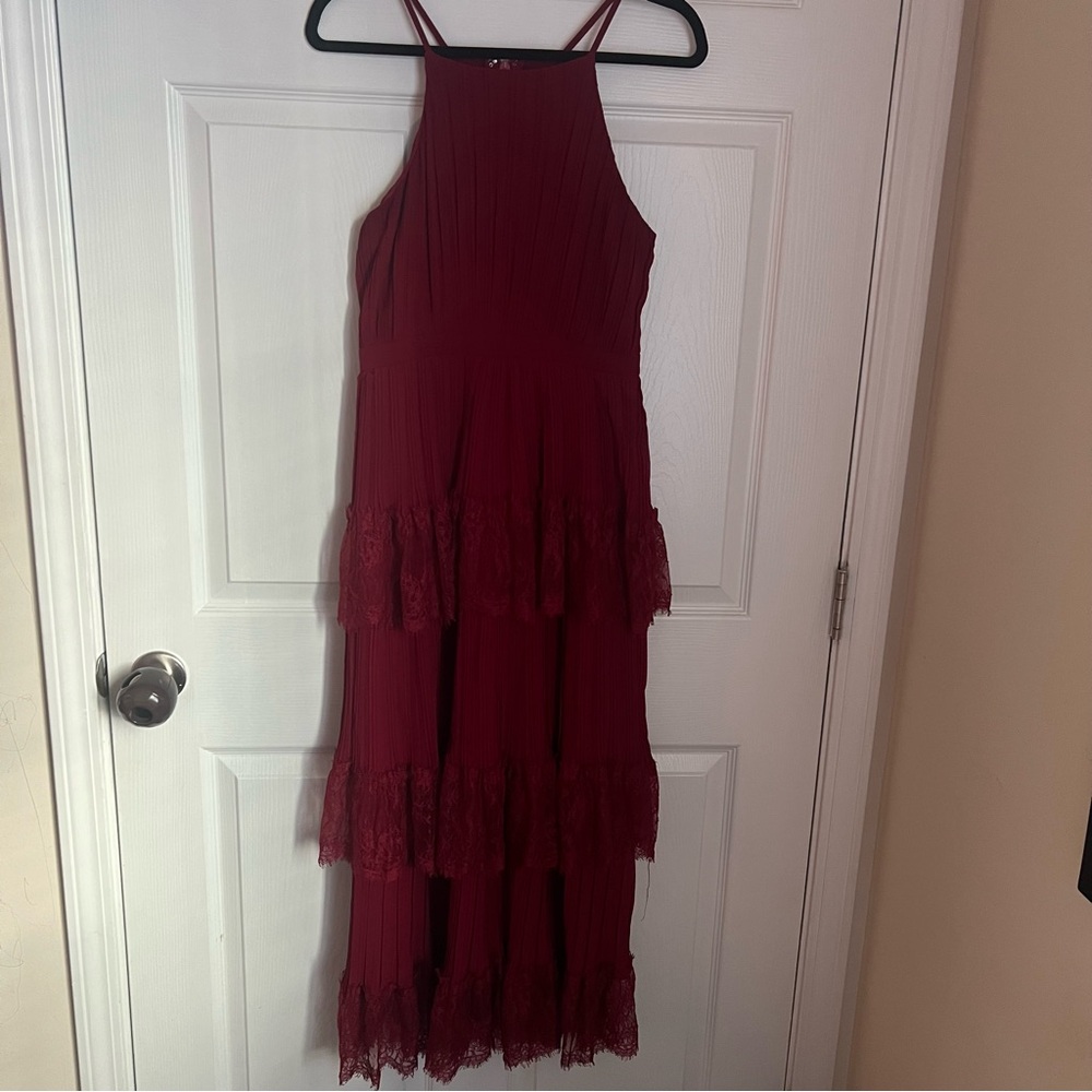 Lulus red/burgundy ruffle and lace long dress